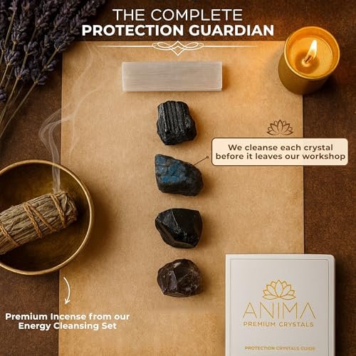 Anima Premium Schutz-Set für Energie-Schirmung: Großer Roh-Obsidian, schwarzer Turmalin, Labradorit, Rauchquarz & Selenit-Stab – inkl. Holzgeschenkbox und Anleitungsheft