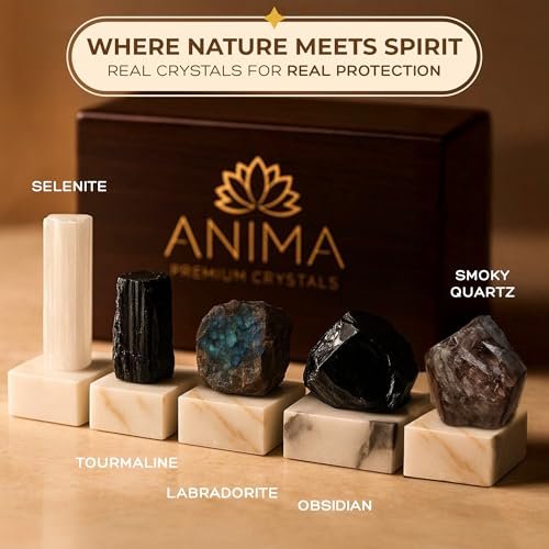 Anima Premium Schutz-Set für Energie-Schirmung: Großer Roh-Obsidian, schwarzer Turmalin, Labradorit, Rauchquarz & Selenit-Stab – inkl. Holzgeschenkbox und Anleitungsheft