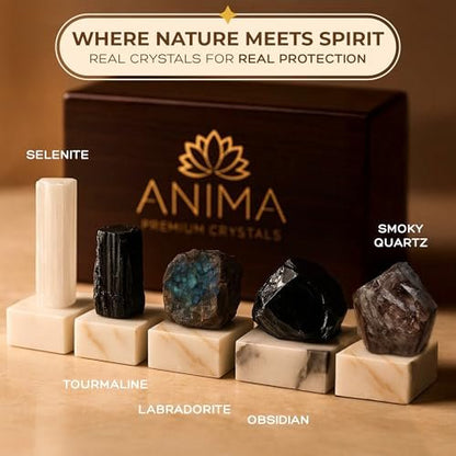 Anima Premium Schutz-Set für Energie-Schirmung: Großer Roh-Obsidian, schwarzer Turmalin, Labradorit, Rauchquarz & Selenit-Stab – inkl. Holzgeschenkbox und Anleitungsheft