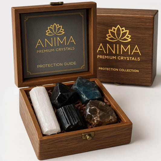 Anima Premium Schutz-Set für Energie-Schirmung: Großer Roh-Obsidian, schwarzer Turmalin, Labradorit, Rauchquarz & Selenit-Stab – inkl. Holzgeschenkbox und Anleitungsheft