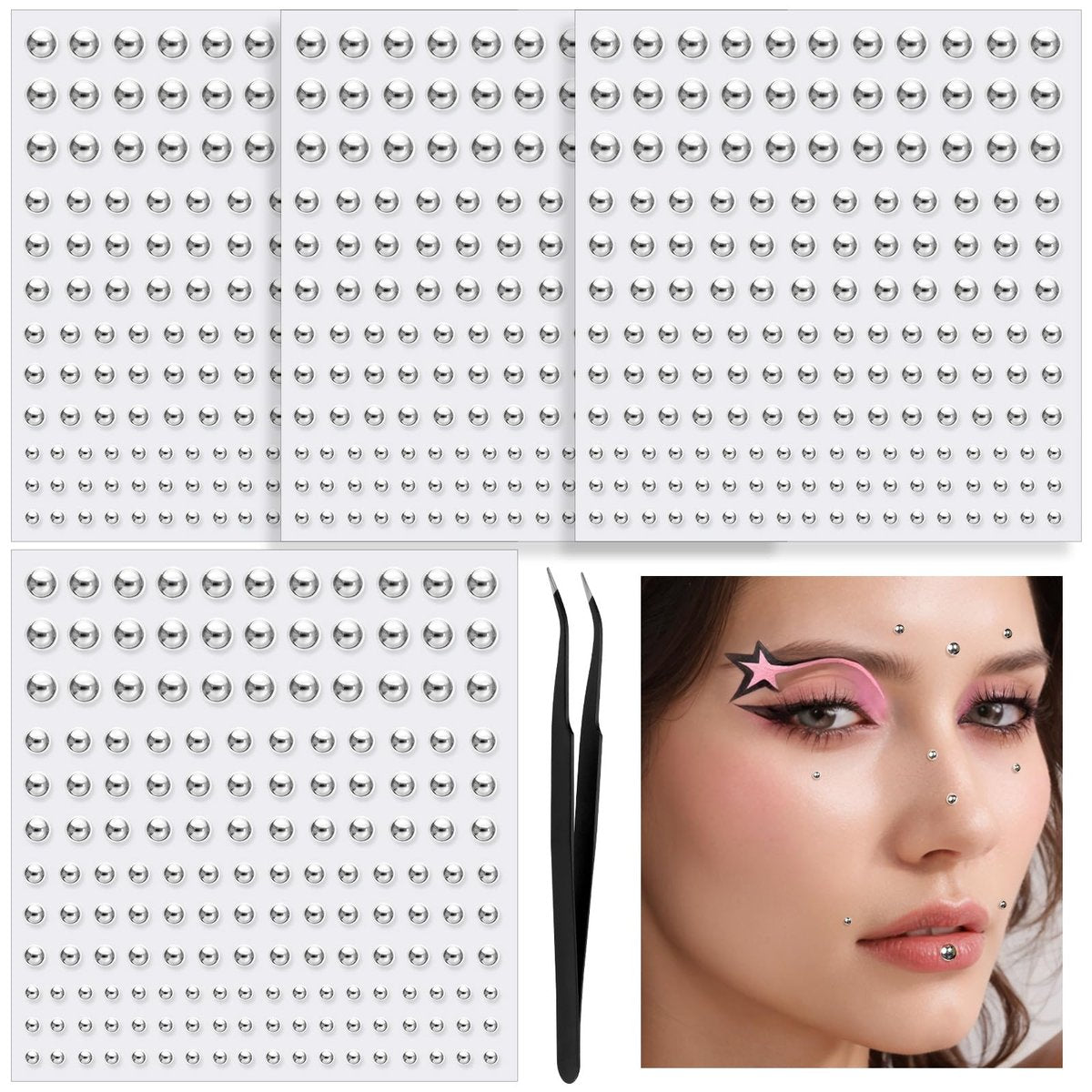 YGDZ Face Gems – Fake Piercings Nose Stud Silber, Fake Eyebrow Piercing, Stick On Face Sticker, Lippenpiercing, Rave Accessoires, Y2K Make-up für Damen und Herren