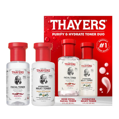 Thayers Purify & Hydrate Hautpflegeset – Rosenblüten-Gesichtswasser zur Porenverfeinerung & Feuchtigkeitsspendendes Milky Toner für 48h Feuchtigkeit, 1 Hautpflege-Kit