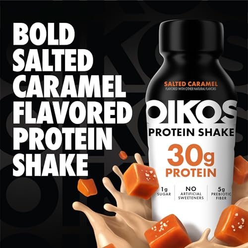 Oikos Protein Shake, Salz-Karamell, 30g Protein, 5g Präbiotische Ballaststoffe, Haltbar, Trinkfertig, 12er Pack (12 x 355ml)