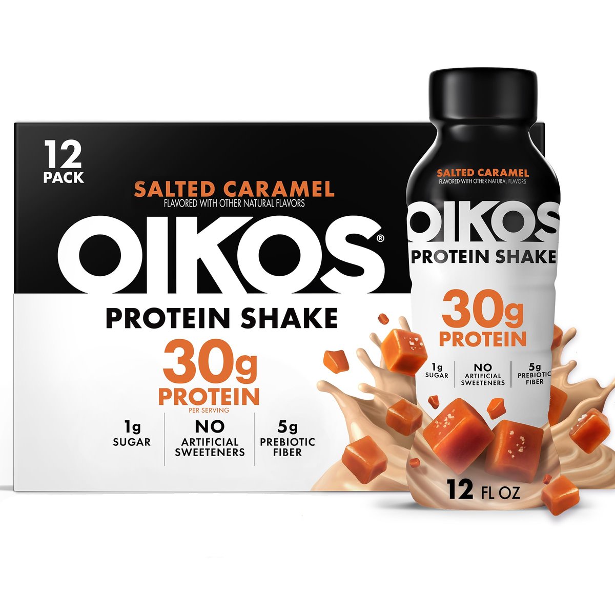 Oikos Protein Shake, Salz-Karamell, 30g Protein, 5g Präbiotische Ballaststoffe, Haltbar, Trinkfertig, 12er Pack (12 x 355ml)