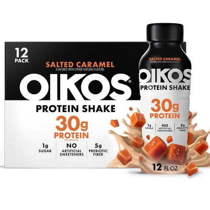 Oikos Protein Shake, Salz-Karamell, 30g Protein, 5g Präbiotische Ballaststoffe, Haltbar, Trinkfertig, 12er Pack (12 x 355ml)