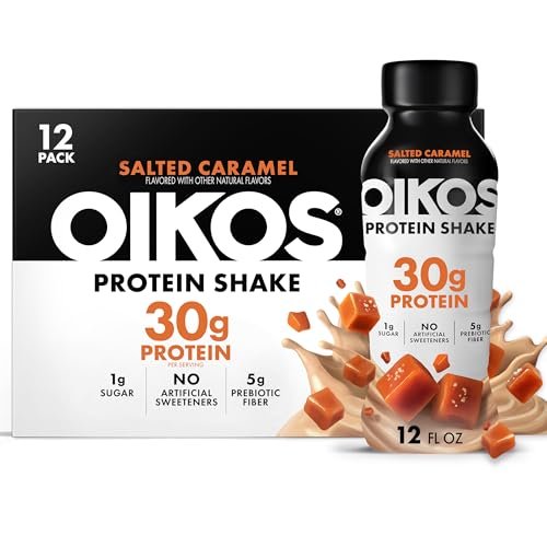 Oikos Protein Shake, Salz-Karamell, 30g Protein, 5g Präbiotische Ballaststoffe, Haltbar, Trinkfertig, 12er Pack (12 x 355ml)
