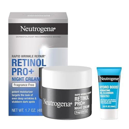Neutrogena Rapid Wrinkle Repair Retinol Pro+ Nachtcreme Gesichtsfeuchtigkeitscreme, Anti-Aging-Gesichtscreme, 1,7 oz + Probiergröße Hydro Boost Gesichtsreiniger, 0,5 fl. oz