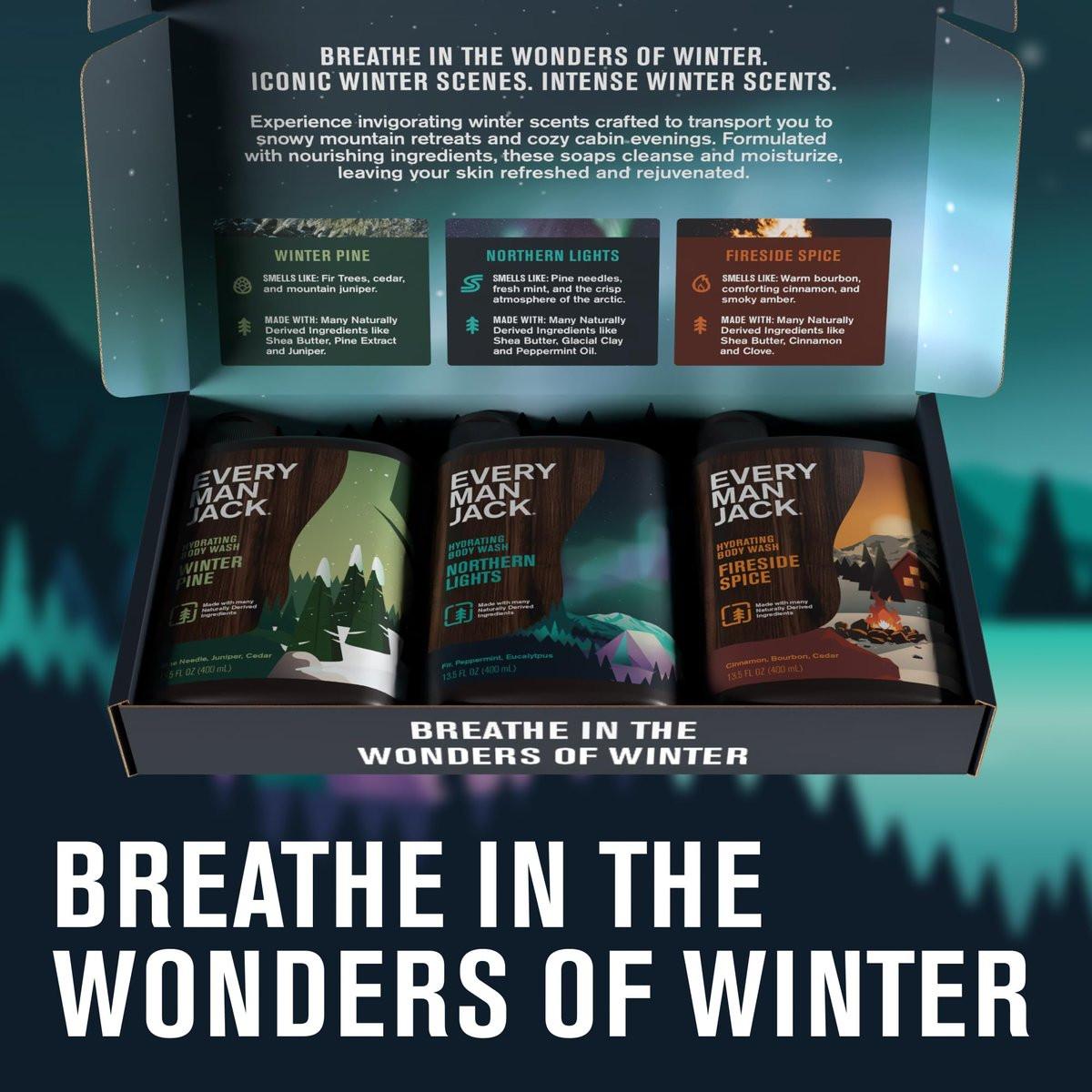 Every Man Jack Herren Duschgel Geschenkset – 3 belebende Winterdüfte – Tiefenreinigung, Feuchtigkeitspflege mit natürlich gewonnenen Inhaltsstoffen – 13,5 oz (3er-Pack)