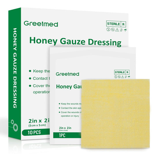 Greetmed Honig-Wundauflage 2'' x 2'' Sterile Honig-Kompresse, Medizinische Manuka-Honig-Pflaster für schnellere Wundheilung | Verbrennungen | Traumatische Wunden und Schnittverletzungen (10 einzeln verpackte Stück)