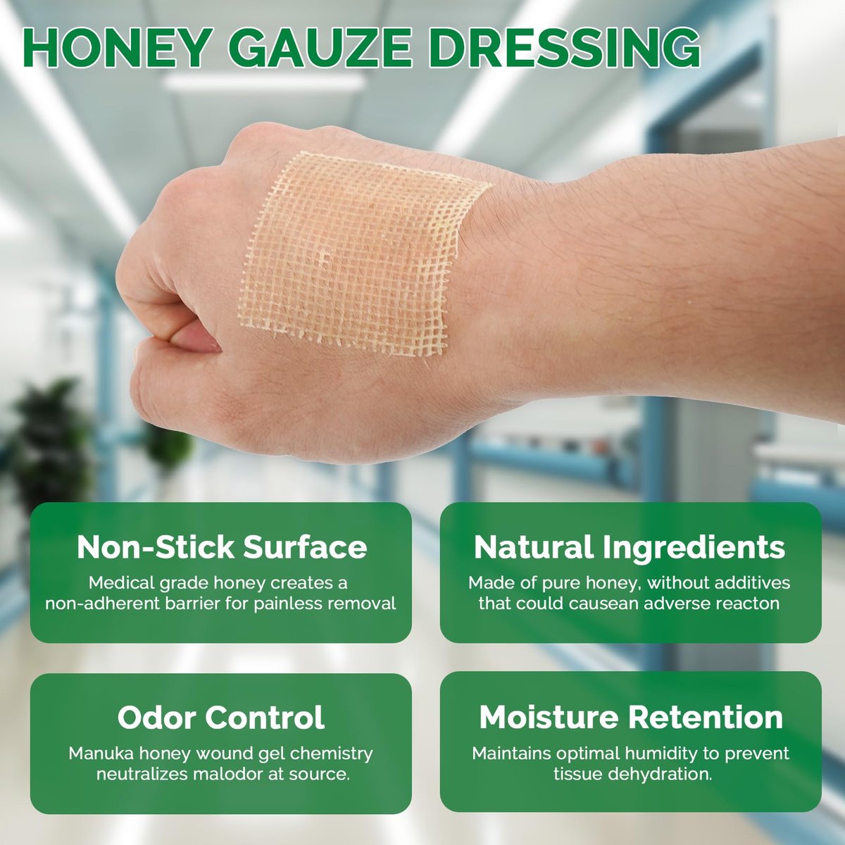 Greetmed Honig-Wundauflage 2'' x 2'' Sterile Honig-Kompresse, Medizinische Manuka-Honig-Pflaster für schnellere Wundheilung | Verbrennungen | Traumatische Wunden und Schnittverletzungen (10 einzeln verpackte Stück)