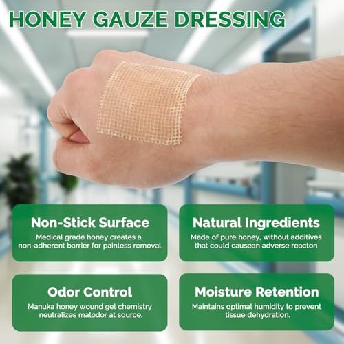 Greetmed Honig-Wundauflage 2'' x 2'' Sterile Honig-Kompresse, Medizinische Manuka-Honig-Pflaster für schnellere Wundheilung | Verbrennungen | Traumatische Wunden und Schnittverletzungen (10 einzeln verpackte Stück)