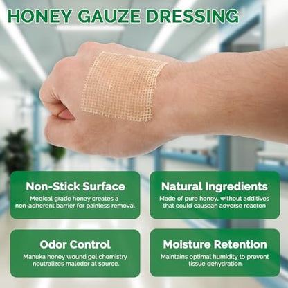Greetmed Honig-Wundauflage 2'' x 2'' Sterile Honig-Kompresse, Medizinische Manuka-Honig-Pflaster für schnellere Wundheilung | Verbrennungen | Traumatische Wunden und Schnittverletzungen (10 einzeln verpackte Stück)