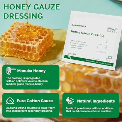 Greetmed Honig-Wundauflage 2'' x 2'' Sterile Honig-Kompresse, Medizinische Manuka-Honig-Pflaster für schnellere Wundheilung | Verbrennungen | Traumatische Wunden und Schnittverletzungen (10 einzeln verpackte Stück)
