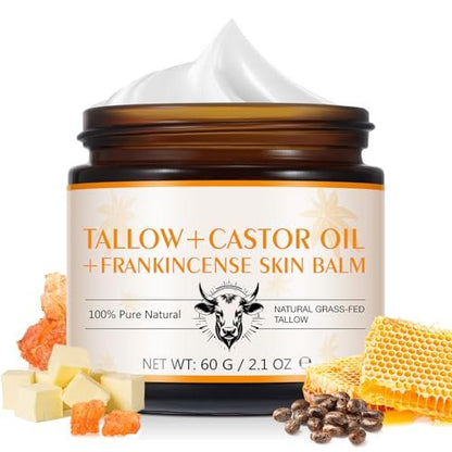Weihrauchöl Massagebalsam für Muskel- und Gelenkentspannung, mit 100% grasgefüttertem Rindertalg & Rizinusöl Feuchtigkeitscreme für Gesicht/Fuß, Anti-Aging, Straffung, 100% natürlich, 2,1 Unzen/60 g