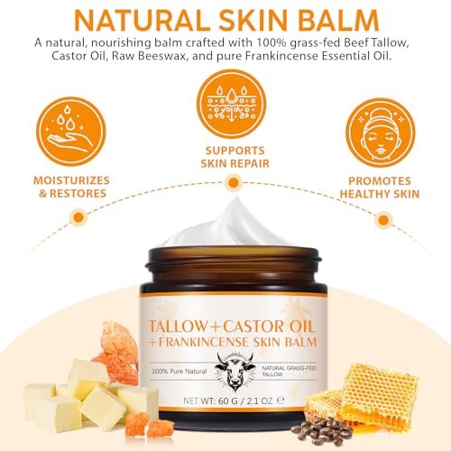 Weihrauchöl Massagebalsam für Muskel- und Gelenkentspannung, mit 100% grasgefüttertem Rindertalg & Rizinusöl Feuchtigkeitscreme für Gesicht/Fuß, Anti-Aging, Straffung, 100% natürlich, 2,1 Unzen/60 g