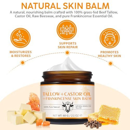 Weihrauchöl Massagebalsam für Muskel- und Gelenkentspannung, mit 100% grasgefüttertem Rindertalg & Rizinusöl Feuchtigkeitscreme für Gesicht/Fuß, Anti-Aging, Straffung, 100% natürlich, 2,1 Unzen/60 g
