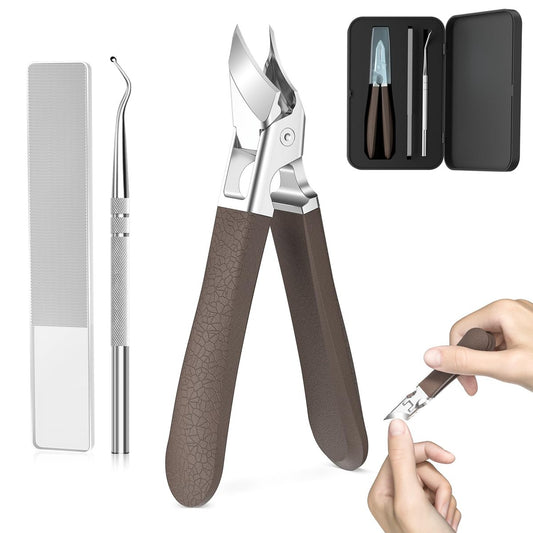 Adlerschnabel-Schräg-Nagelknipser für dicke und eingewachsene Zehennägel – Breite Maulöffnung, spritzwassergeschützter, abgewinkelter Zehennagelschneider mit gebogener Klinge, Nagelhautschere für Senioren, 3-teiliges Set mit Etui