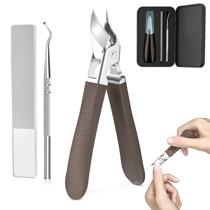 Adlerschnabel-Schräg-Nagelknipser für dicke und eingewachsene Zehennägel – Breite Maulöffnung, spritzwassergeschützter, abgewinkelter Zehennagelschneider mit gebogener Klinge, Nagelhautschere für Senioren, 3-teiliges Set mit Etui