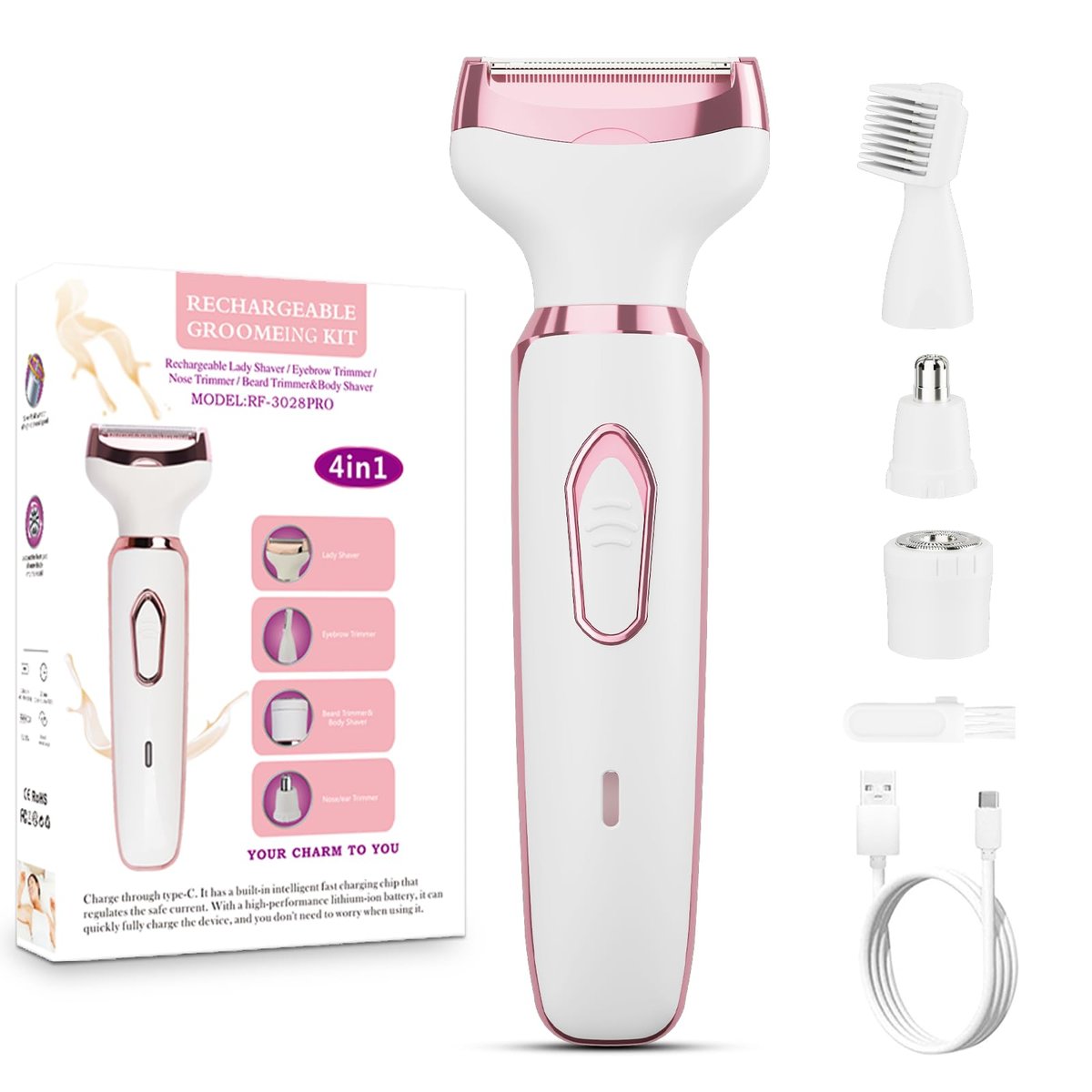 Elektrischer Damenrasierer Bikini Trimmer, 4-in-1 Kabelloser Rasierer für Gesicht, Beine, Achseln, Schamhaare – Nass/Trocken Anwendung, Schmerzlose Haarentfernung