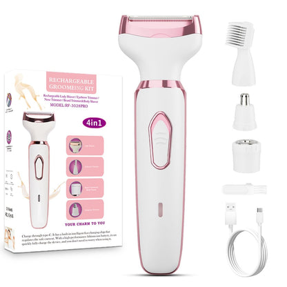 Elektrischer Damenrasierer Bikini Trimmer, 4-in-1 Kabelloser Rasierer für Gesicht, Beine, Achseln, Schamhaare – Nass/Trocken Anwendung, Schmerzlose Haarentfernung