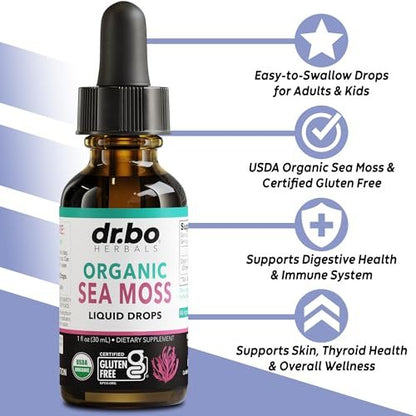 DR. BO Irish Sea Moss Liquid Drops - Bio-Organische Seamoss-Tropfen für Immun-, Haut- und Darmgesundheit - Veganes Seamoss-Öl-Gel-Tinktur, Chondrus Crispus Bio-Seamoss-Gel-Öl für Erwachsene & Kinder 30 ml