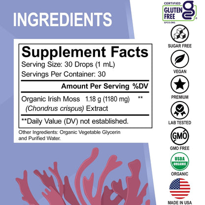 DR. BO Irish Sea Moss Liquid Drops - Bio-Organische Seamoss-Tropfen für Immun-, Haut- und Darmgesundheit - Veganes Seamoss-Öl-Gel-Tinktur, Chondrus Crispus Bio-Seamoss-Gel-Öl für Erwachsene & Kinder 30 ml