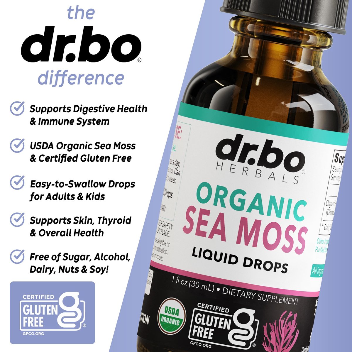 DR. BO Irish Sea Moss Liquid Drops - Bio-Organische Seamoss-Tropfen für Immun-, Haut- und Darmgesundheit - Veganes Seamoss-Öl-Gel-Tinktur, Chondrus Crispus Bio-Seamoss-Gel-Öl für Erwachsene & Kinder 30 ml