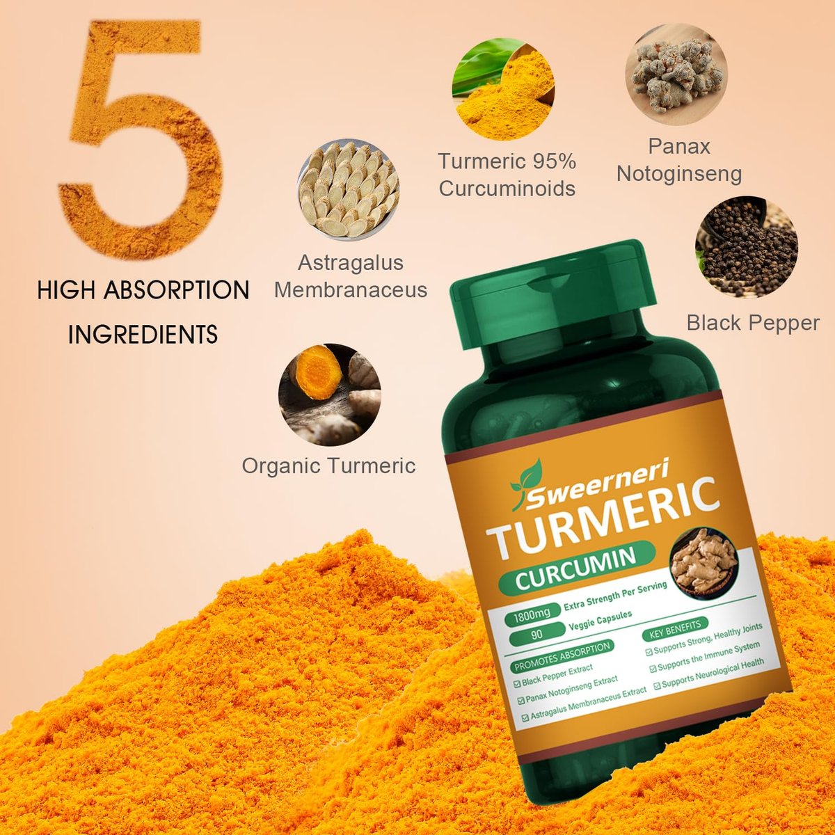 Turmeric Curcumin 1800mg mit 95% Curcuminoiden & Schwarzem Pfeffer – Hochabsorbierbare Formel für Gelenke, Entzündungen & Immunsystem – Extra Stark, Vegan, Ohne Gentechnik – 90 Kapseln