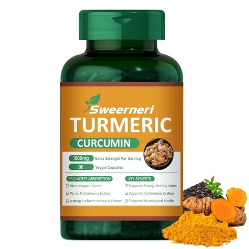 Turmeric Curcumin 1800mg mit 95% Curcuminoiden & Schwarzem Pfeffer – Hochabsorbierbare Formel für Gelenke, Entzündungen & Immunsystem – Extra Stark, Vegan, Ohne Gentechnik – 90 Kapseln