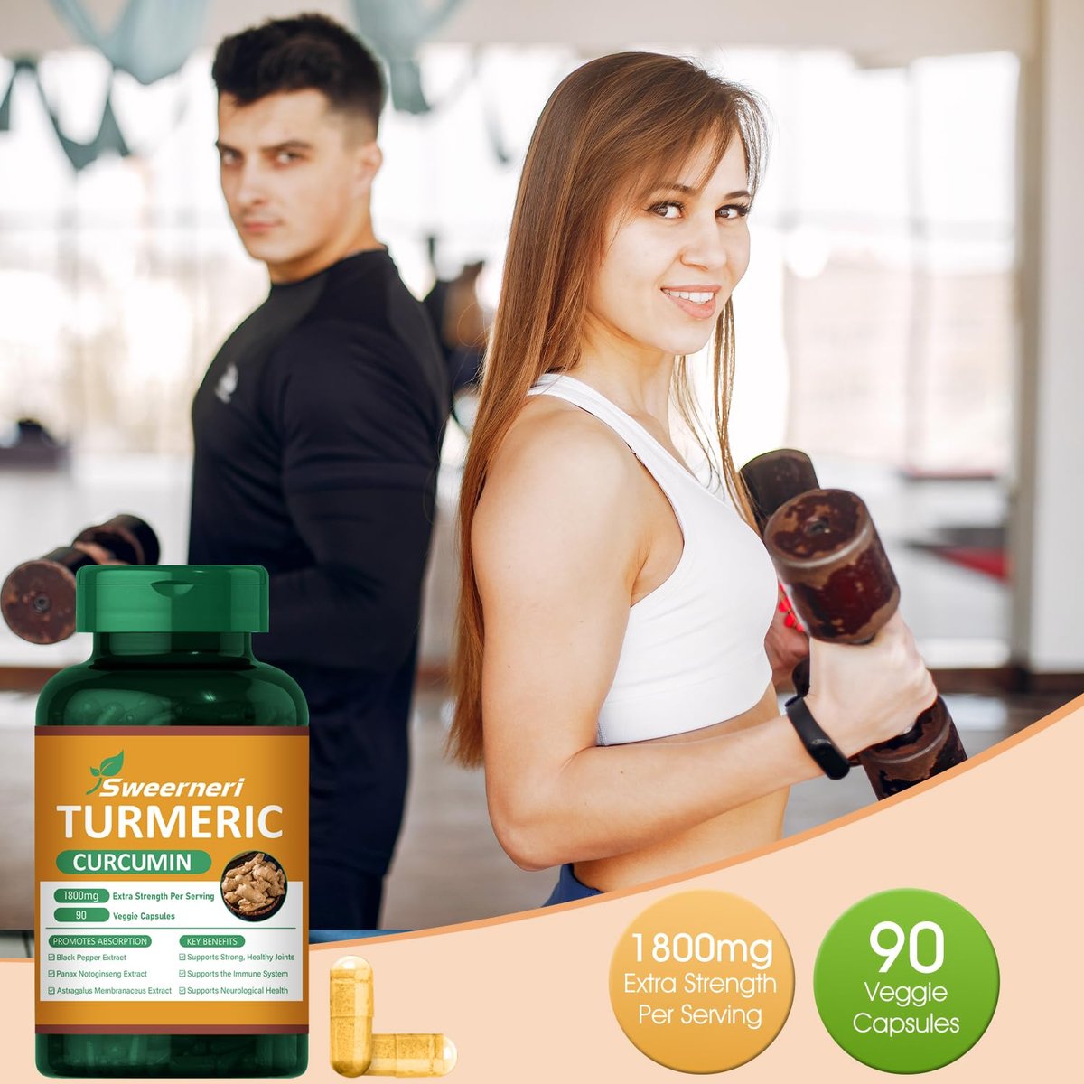 Turmeric Curcumin 1800mg mit 95% Curcuminoiden & Schwarzem Pfeffer – Hochabsorbierbare Formel für Gelenke, Entzündungen & Immunsystem – Extra Stark, Vegan, Ohne Gentechnik – 90 Kapseln