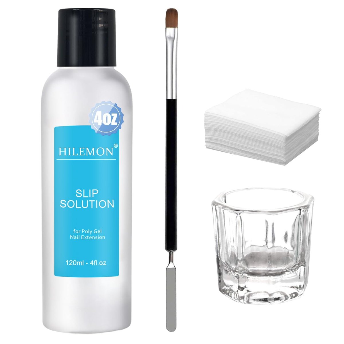 Poly Gel Slip Solution Set – 4 Unzen Flüssigkeit mit Doppelend-Pinsel, Glasbecher, Wattepad, Anti-Haft-Reiniger für Nagelverlängerungsgel