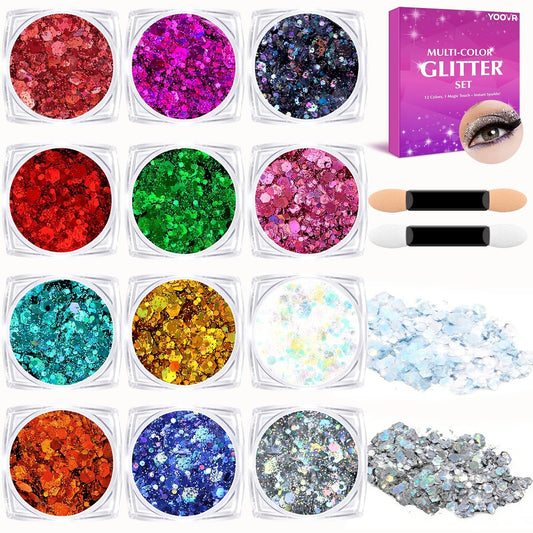 YOOVR Körper- und Gesichtsglitzer für Frauen & Mädchen – 12 Farben Holografischer Glitzer Gel Set für Rave, Festival & Party