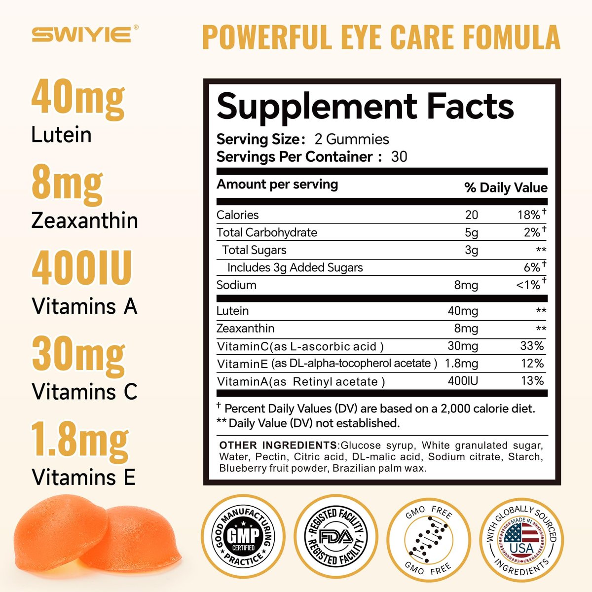 Swiyie Lutein Gummies – Augen-Vitamin- und Mineralstoffpräparat mit 20 mg Lutein & 4 mg Zeaxanthin – Gummivitamine zur Unterstützung der Augengesundheit – natürlich aromatisiert, 60 Gummis