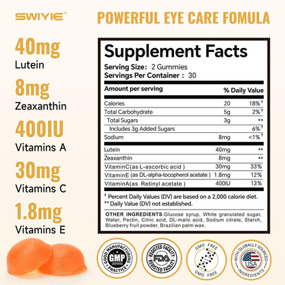 Swiyie Lutein Gummies – Augen-Vitamin- und Mineralstoffpräparat mit 20 mg Lutein & 4 mg Zeaxanthin – Gummivitamine zur Unterstützung der Augengesundheit – natürlich aromatisiert, 60 Gummis
