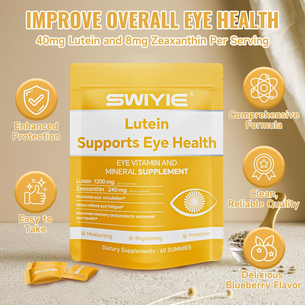 Swiyie Lutein Gummies – Augen-Vitamin- und Mineralstoffpräparat mit 20 mg Lutein & 4 mg Zeaxanthin – Gummivitamine zur Unterstützung der Augengesundheit – natürlich aromatisiert, 60 Gummis