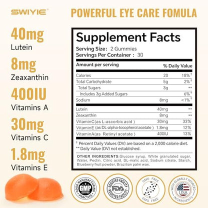 Swiyie Lutein Gummies – Augen-Vitamin- und Mineralstoffpräparat mit 20 mg Lutein & 4 mg Zeaxanthin – Gummivitamine zur Unterstützung der Augengesundheit – natürlich aromatisiert, 60 Gummis