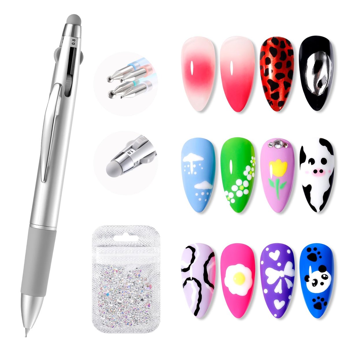 GELLEN 5-in-1 Nagel-Dotting-Stift mit Kugelschreiber-Design & Nagelrhinestones, doppelseitiges Nagel-Dotting-Werkzeug für Dotting, Edelsteine, Gradienten, Chrompuder, DIY-Maniküre, Nagelkunst-Werkzeuge für Zuhause und Salon