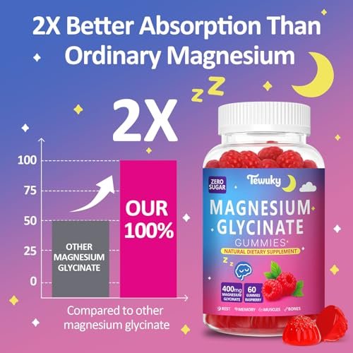 Magnesium Glycinat Gummies 400mg – Zuckerfreie vegane Gummibärchen für Erwachsene & Kinder mit Vitamin D3, B6, C, CoQ10, Kollagen, Zink – Schlaf, Muskeln, Knochen & Gedächtnisunterstützung – 60 Himbeer-Kaubonbons