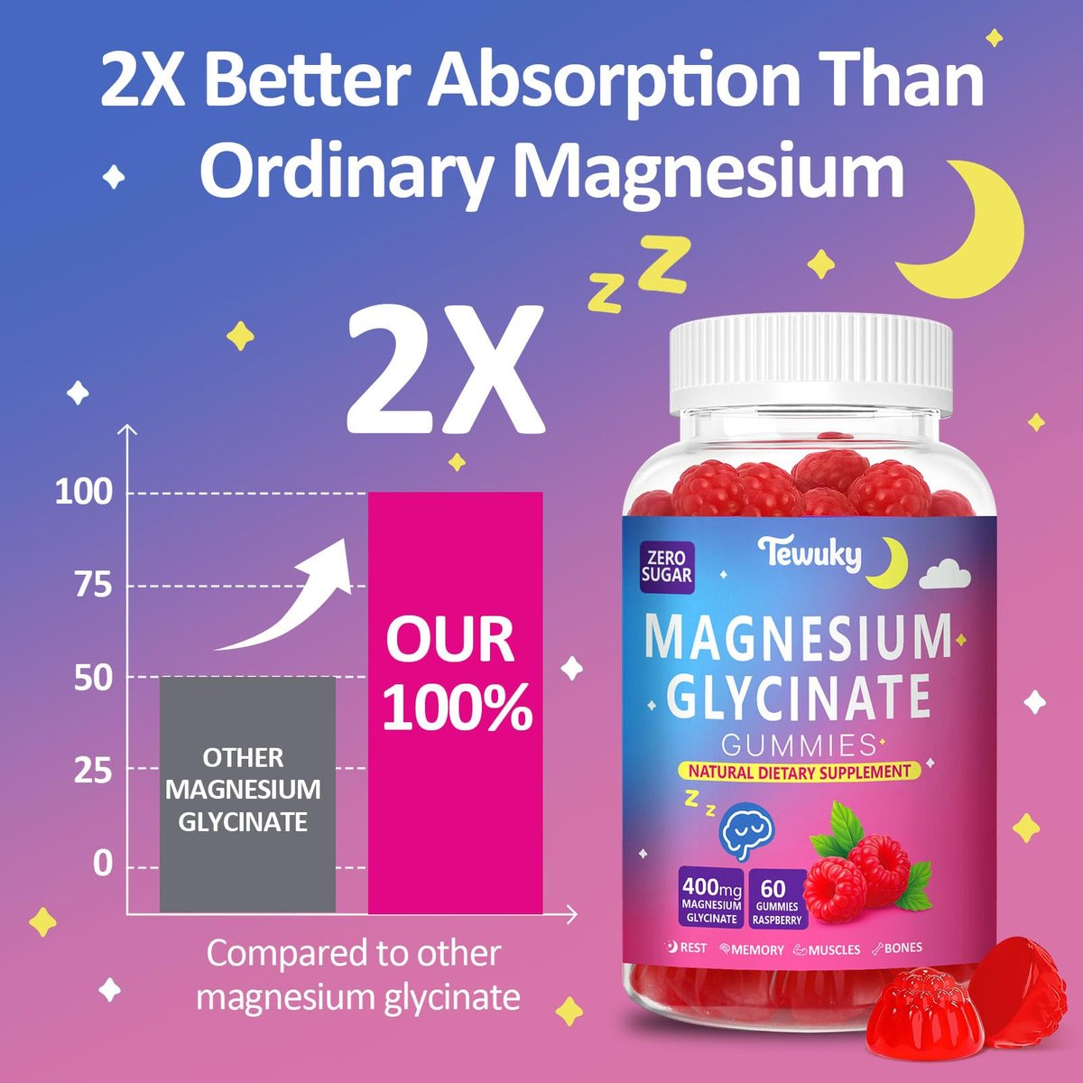Magnesium Glycinat Gummies 400mg – Zuckerfreie vegane Gummibärchen für Erwachsene & Kinder mit Vitamin D3, B6, C, CoQ10, Kollagen, Zink – Schlaf, Muskeln, Knochen & Gedächtnisunterstützung – 60 Himbeer-Kaubonbons