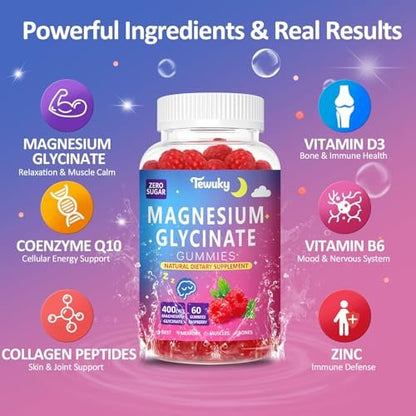 Magnesium Glycinat Gummies 400mg – Zuckerfreie vegane Gummibärchen für Erwachsene & Kinder mit Vitamin D3, B6, C, CoQ10, Kollagen, Zink – Schlaf, Muskeln, Knochen & Gedächtnisunterstützung – 60 Himbeer-Kaubonbons