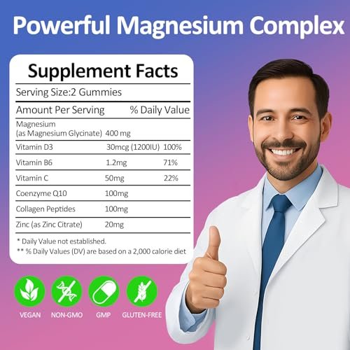 Magnesium Glycinat Gummies 400mg – Zuckerfreie vegane Gummibärchen für Erwachsene & Kinder mit Vitamin D3, B6, C, CoQ10, Kollagen, Zink – Schlaf, Muskeln, Knochen & Gedächtnisunterstützung – 60 Himbeer-Kaubonbons