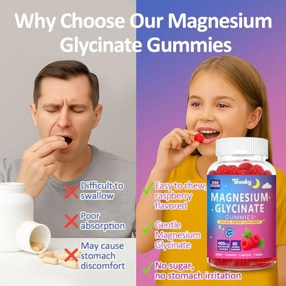 Magnesium Glycinat Gummies 400mg – Zuckerfreie vegane Gummibärchen für Erwachsene & Kinder mit Vitamin D3, B6, C, CoQ10, Kollagen, Zink – Schlaf, Muskeln, Knochen & Gedächtnisunterstützung – 60 Himbeer-Kaubonbons
