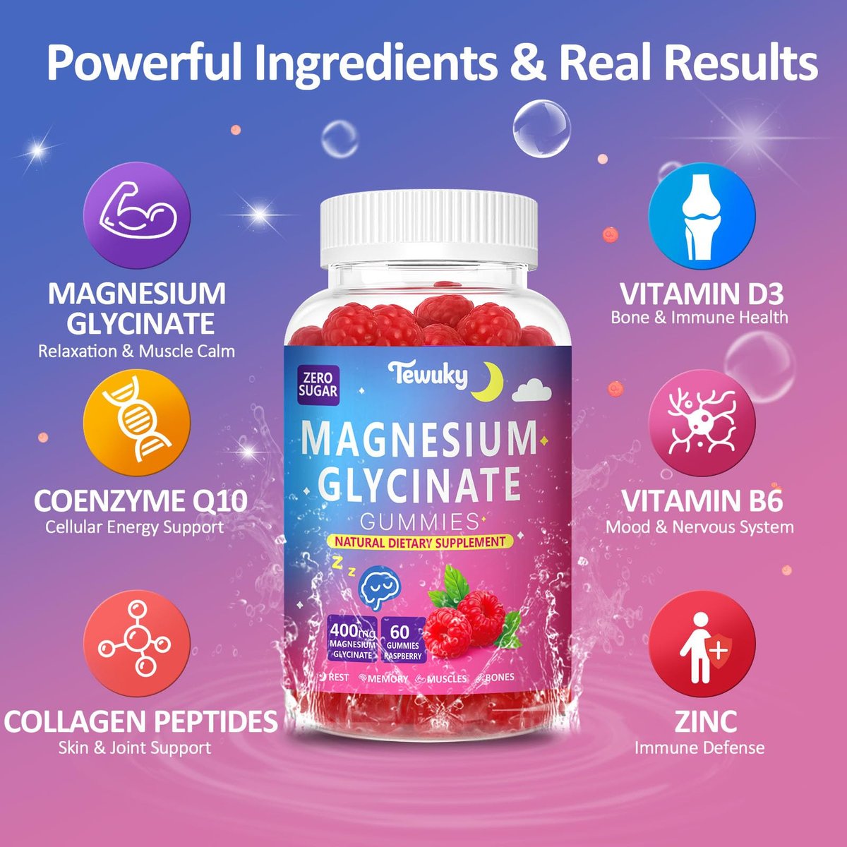 Magnesium Glycinat Gummies 400mg – Zuckerfreie vegane Gummibärchen für Erwachsene & Kinder mit Vitamin D3, B6, C, CoQ10, Kollagen, Zink – Schlaf, Muskeln, Knochen & Gedächtnisunterstützung – 60 Himbeer-Kaubonbons