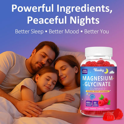 Magnesium Glycinat Gummies 400mg – Zuckerfreie vegane Gummibärchen für Erwachsene & Kinder mit Vitamin D3, B6, C, CoQ10, Kollagen, Zink – Schlaf, Muskeln, Knochen & Gedächtnisunterstützung – 60 Himbeer-Kaubonbons