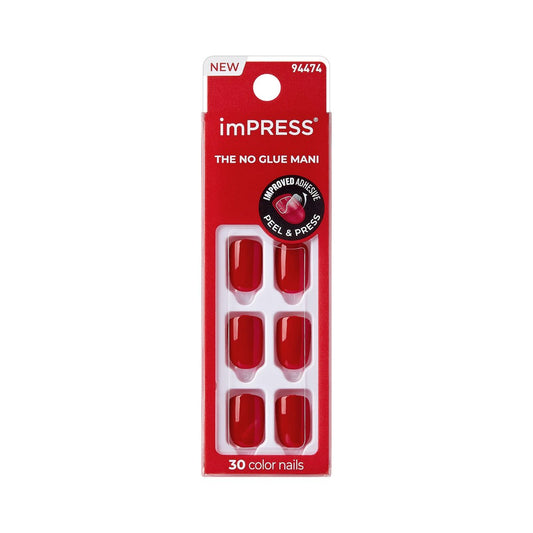 Kiss imPRESS No Glue Mani Press On Nägel 'Golden Harvest' Rot Kurz Squoval – 30 Nägel + Prep Pad + Anleitung + Maniküre-Stick + Mini-Feile