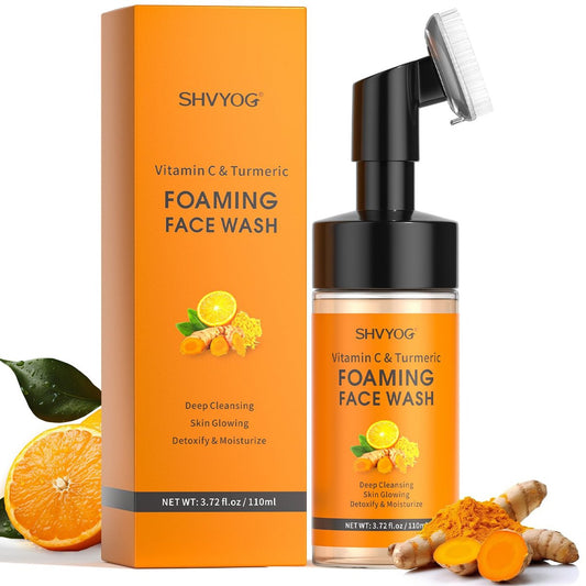 SHVYOG Vitamin C Kurkuma Gesichtsreinigung, Kurkuma Schaumreiniger für dunkle Flecken, ungleichmäßigen Hautton, Hautreinigung, Feuchtigkeitspflege, Peeling Gesichtsreiniger mit Bürste, Unisex