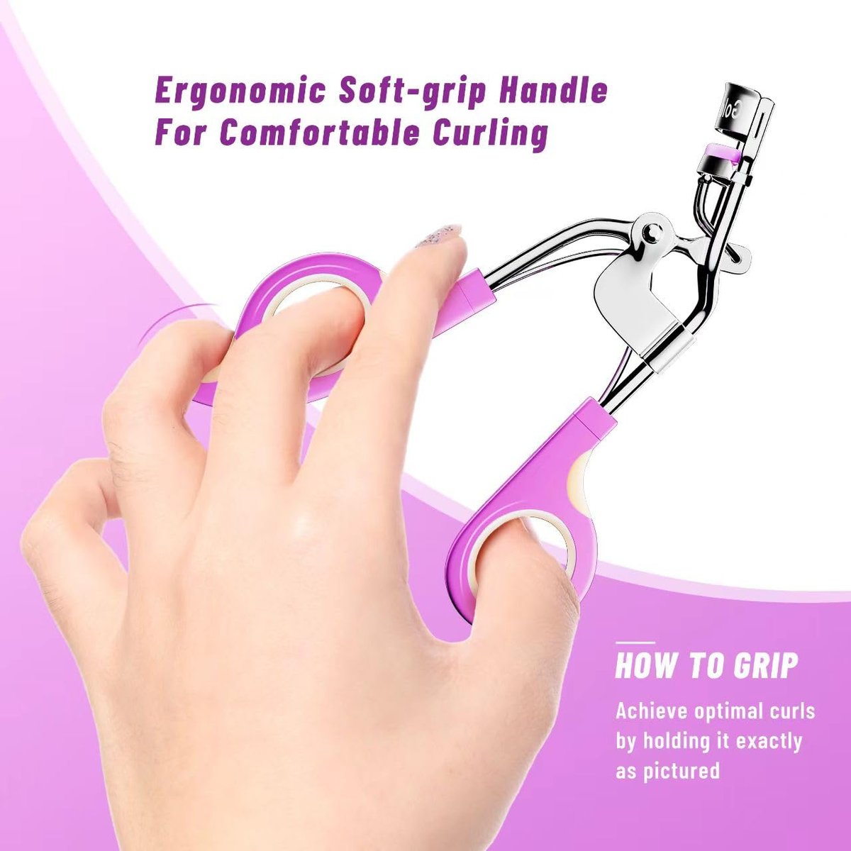 Goldenerich Wimpernzange mit 6 Ersatzpads – Schmerzfreie perfekte Locken für jede Wimper – Silber Lila Pink