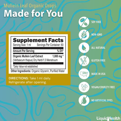 LIQUIDHEALTH USDA Bio-Mulleinblattextrakt-Tropfen für die Lunge - Kräuter-Reinigungstropfen für Raucher, Immununterstützung, Atemwegsgesundheit - 1000 mg, 60-Tage-Vorrat, zuckerfrei, hergestellt in den USA (60 ml)