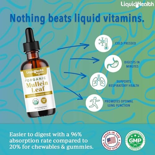 LIQUIDHEALTH USDA Bio-Mulleinblattextrakt-Tropfen für die Lunge - Kräuter-Reinigungstropfen für Raucher, Immununterstützung, Atemwegsgesundheit - 1000 mg, 60-Tage-Vorrat, zuckerfrei, hergestellt in den USA (60 ml)