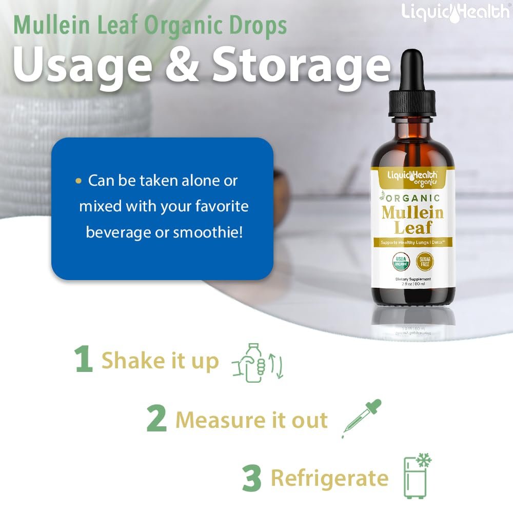 LIQUIDHEALTH USDA Bio-Mulleinblattextrakt-Tropfen für die Lunge - Kräuter-Reinigungstropfen für Raucher, Immununterstützung, Atemwegsgesundheit - 1000 mg, 60-Tage-Vorrat, zuckerfrei, hergestellt in den USA (60 ml)
